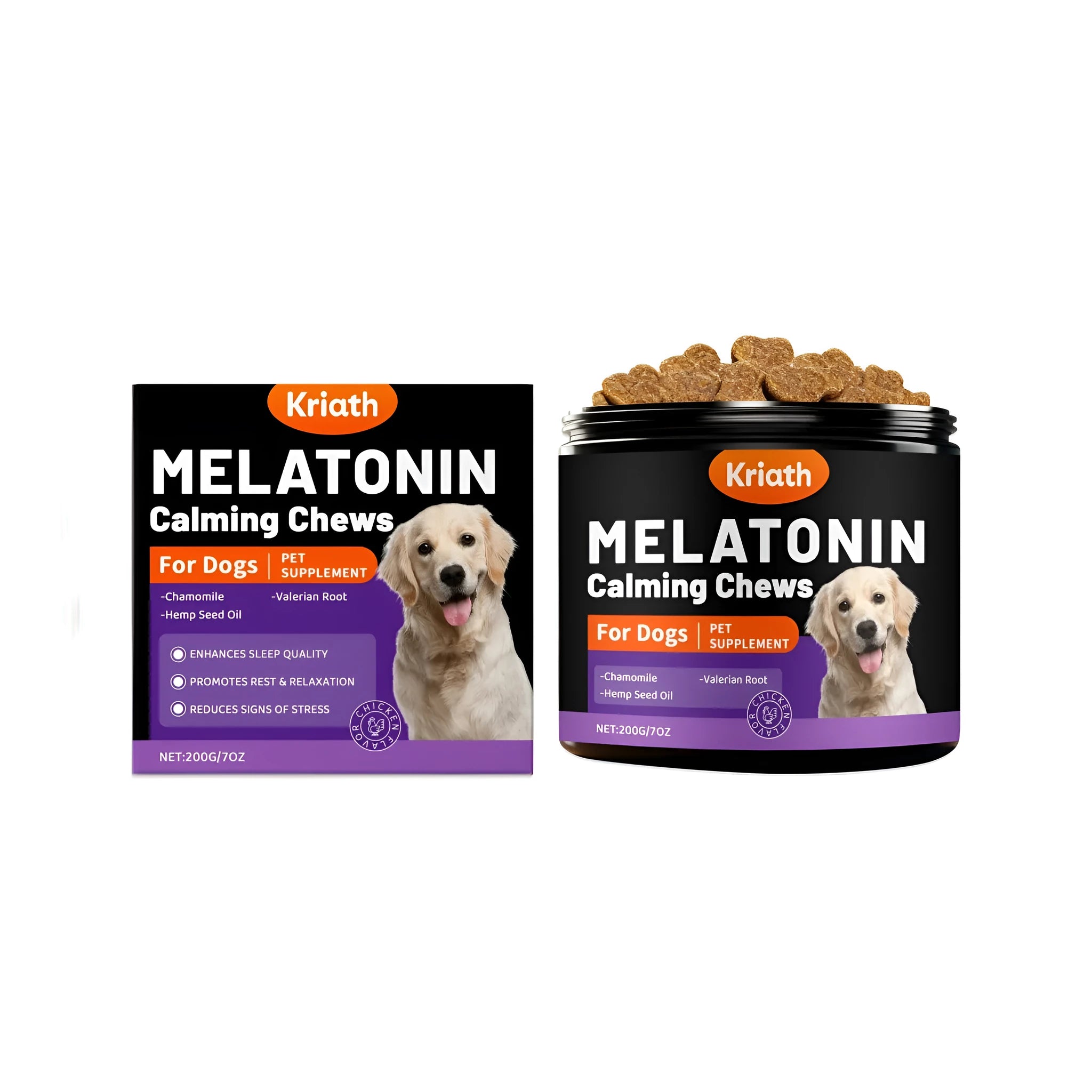 Dog melatonin support soft particles 200g chicken flavour calming supplement pack