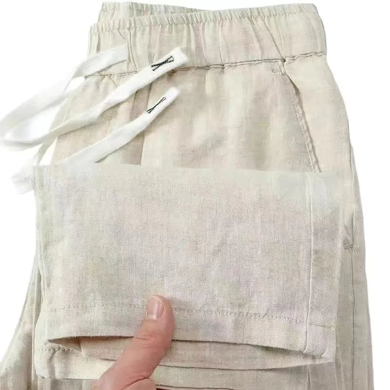 Chinese-style straight-leg linen-blend trousers with an elastic drawstring waist