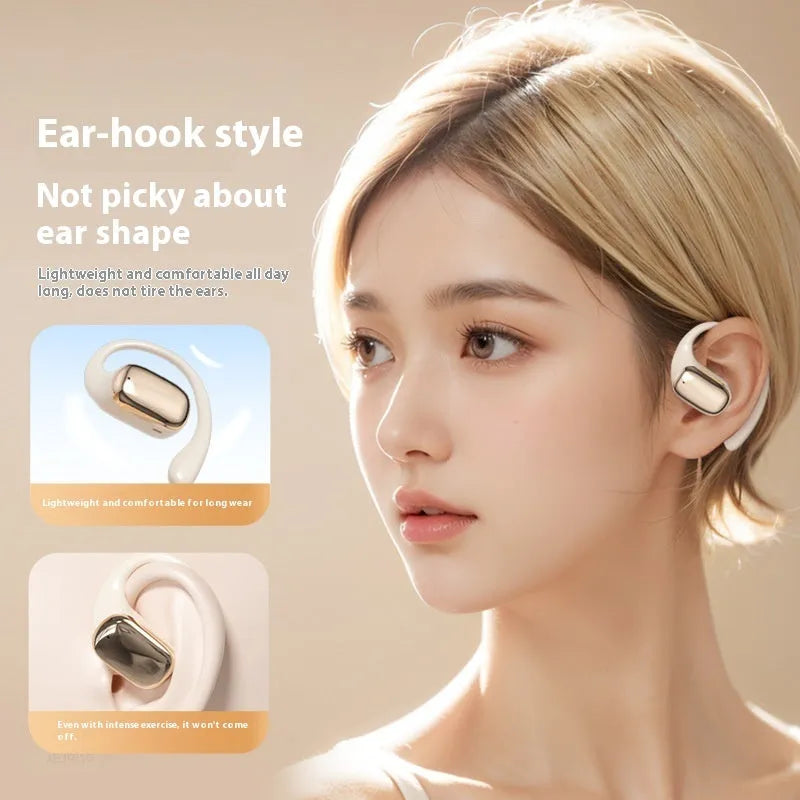 Ear-mounted wireless headphones with digital display screen in skin colour option