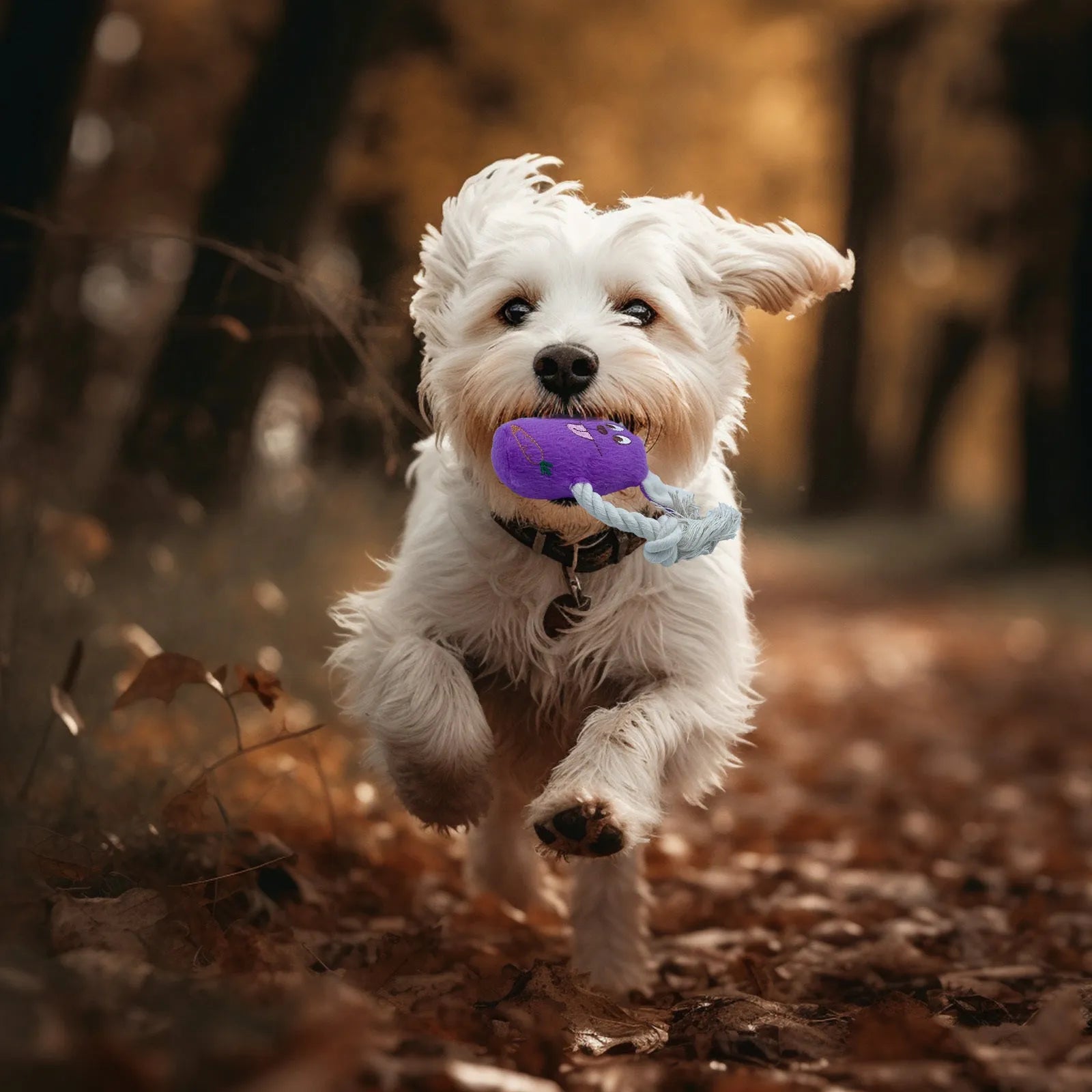 Blue teddy dog toy with a squeaking bone model and corn fleece lining.