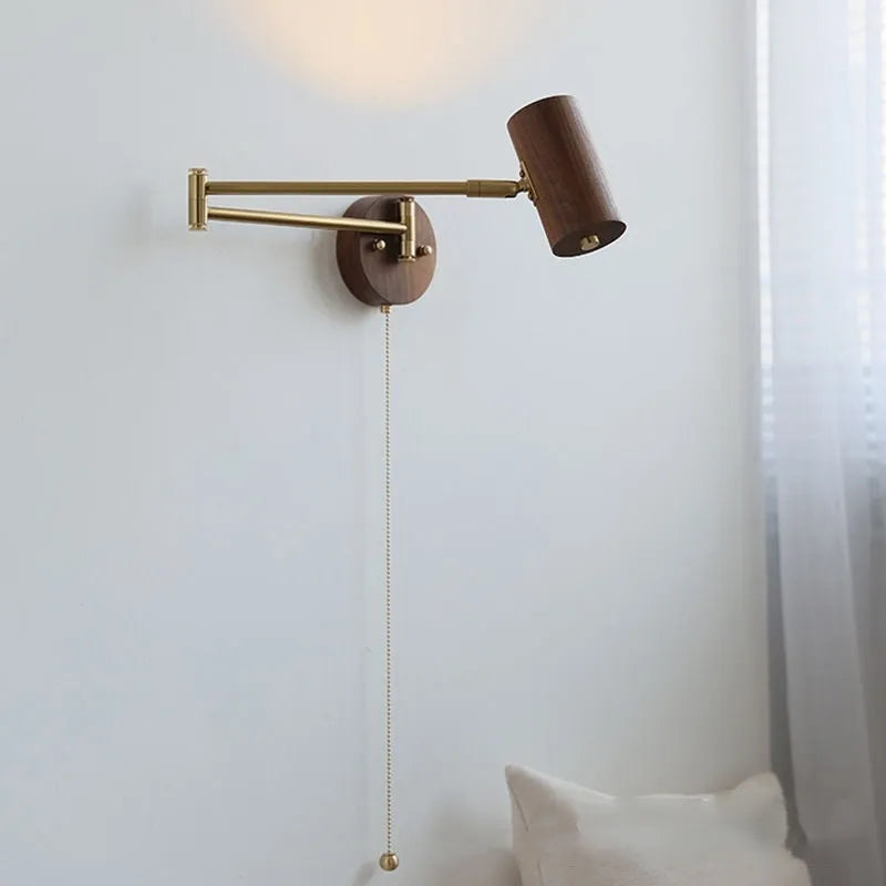 Retro wood and iron wall lamp with long adjustable arm and visible wall switch
