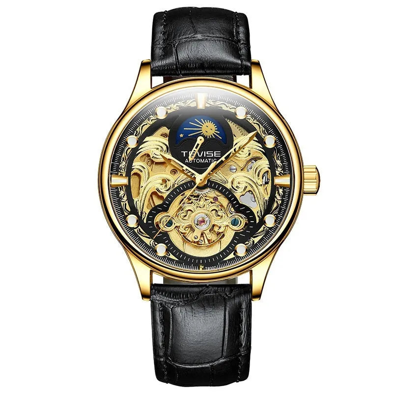 Men's automatic waterproof mechanical watch with leather strap in business style