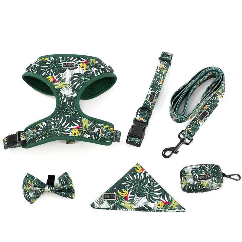 Adjustable cloth dog harness set with leash, collar, waste bag and decorative accessories in six-piece package