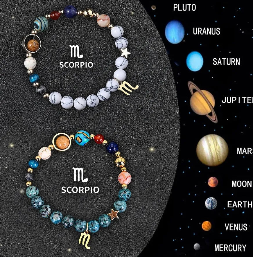 Set of twelve natural stone beaded bracelets featuring zodiac sign designs