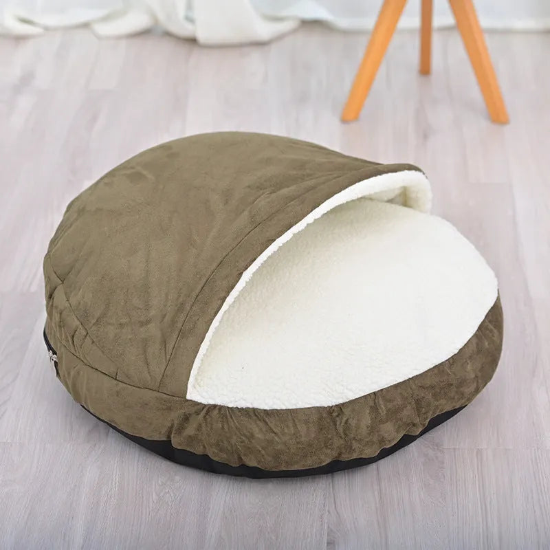 Brown and grey removable washable cloth dog kennel showing S and M size options