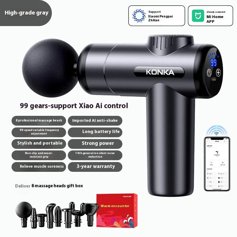 Konka V19 mini electric massage gun in grey colour with multiple massage heads on a red box.