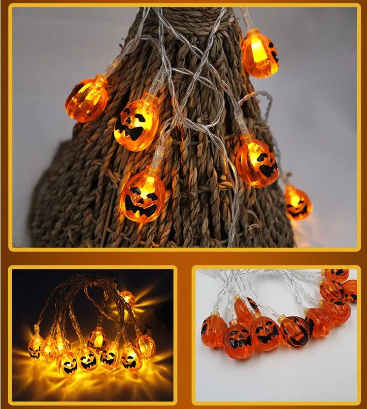 Halloween LED string lights with pumpkin bat ghost spider pendants on 1.2m white cord