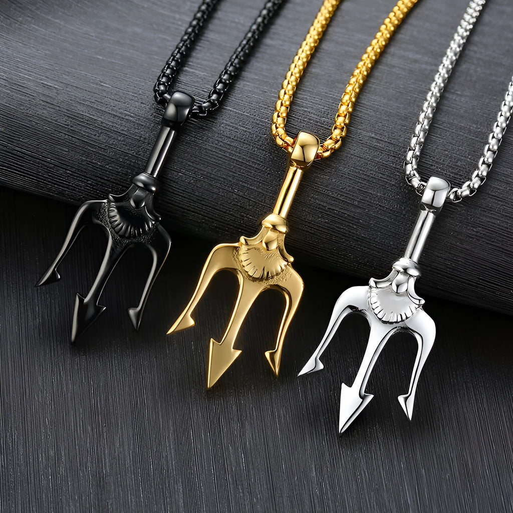 Neptune's Trident retro pendant necklace in 316L titanium steel with 600mm chain, silver colour option