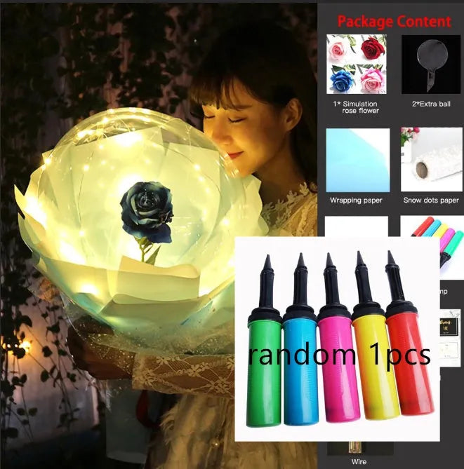 Transparent LED luminous balloon with artificial rose and built-in light, shown as a DIY bouquet kit.