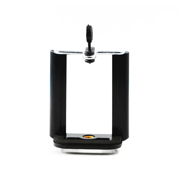 Black U clip plastic mobile phone holder bracket attached to a pole with a phone secured in the adjustable grip.