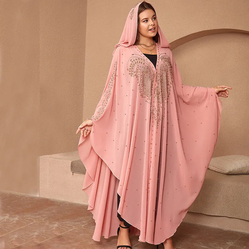 Muslim style chiffon cape shawl with rhinestone beaded trim in various colours showing 135-175cm length