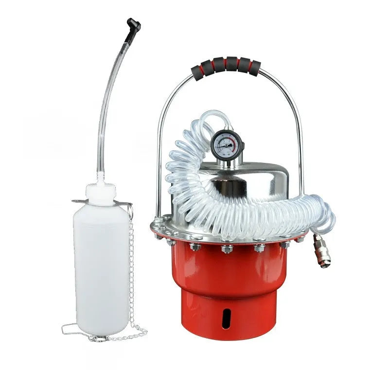 Pneumatic brake fluid replacement pumping tool with pressure gauge and transparent drain hose