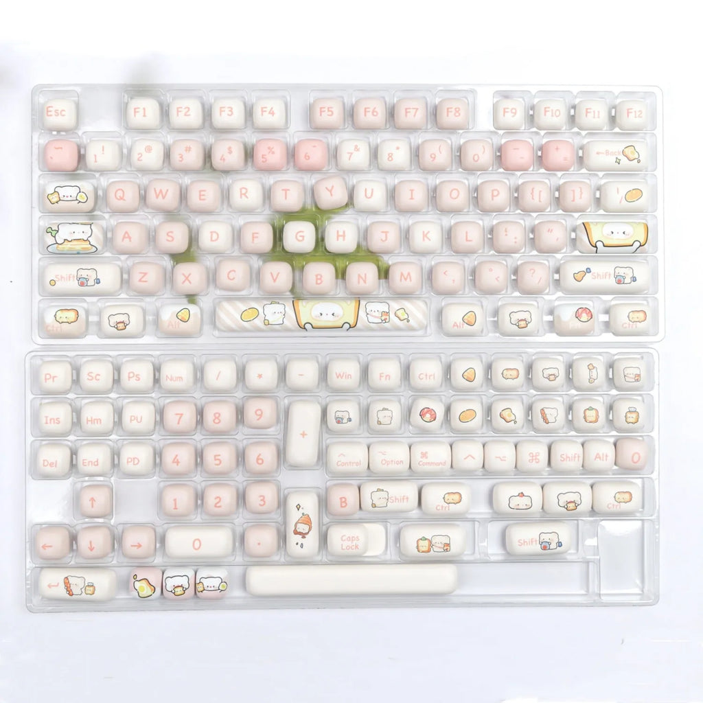 MOG profile PBT keycap set with steamed bread and bear design, 143 keys laid out.