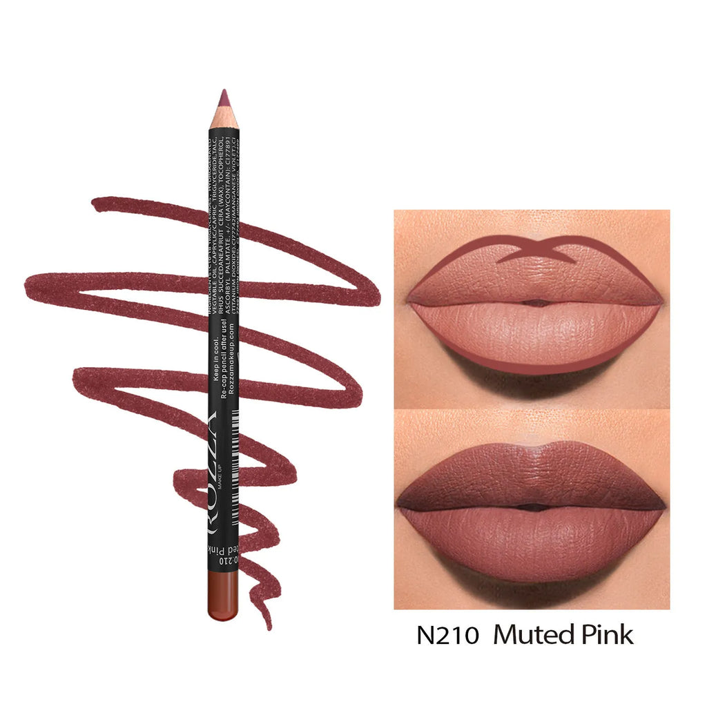 Wooden matte lip liner pencil in various shades showing 24 hour wear and waterproof claim