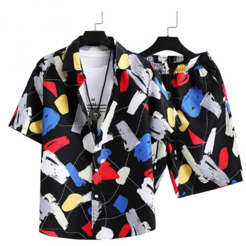Men's casual short sleeve cardigan suit with digital printing and matching shorts