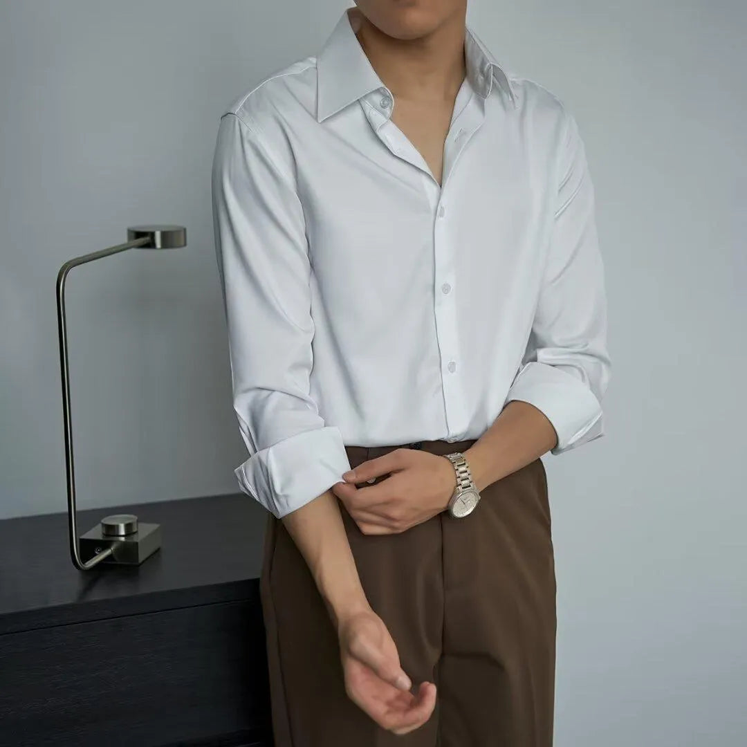 Men's Korean style slim fit long sleeve shirt in black polyester with Japanese retro cardigan design