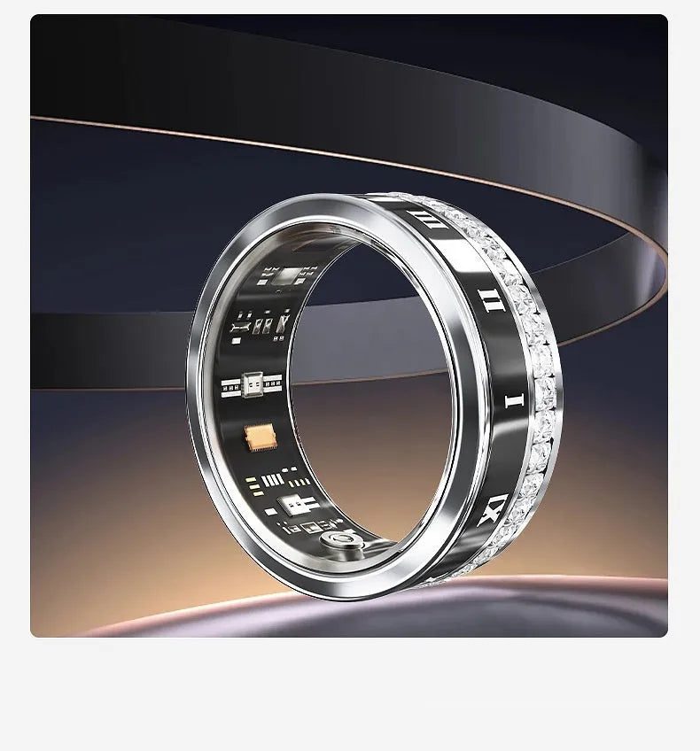 Silver and gold smart rings with diamond inlay displaying blood oxygen monitoring functions