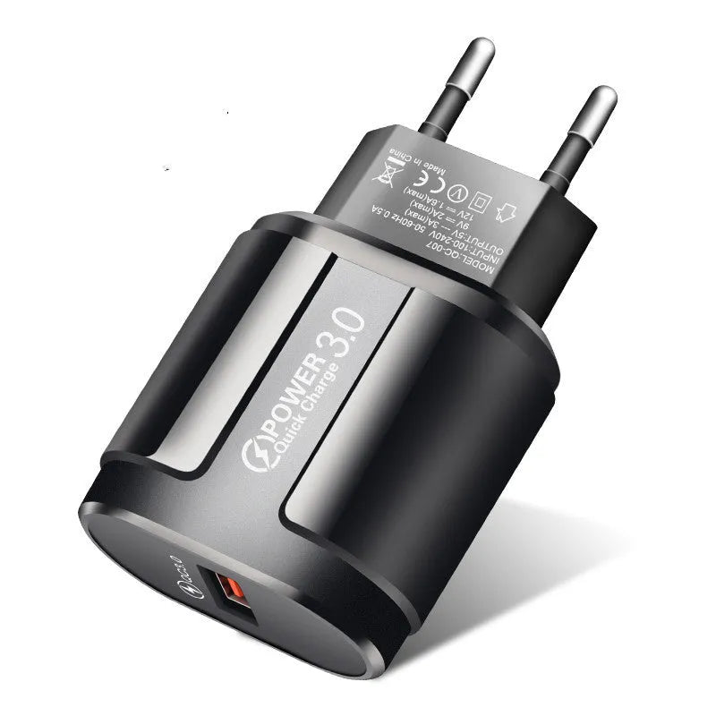 White and black mobile phone smart charger showing compact size with international plug adapter options