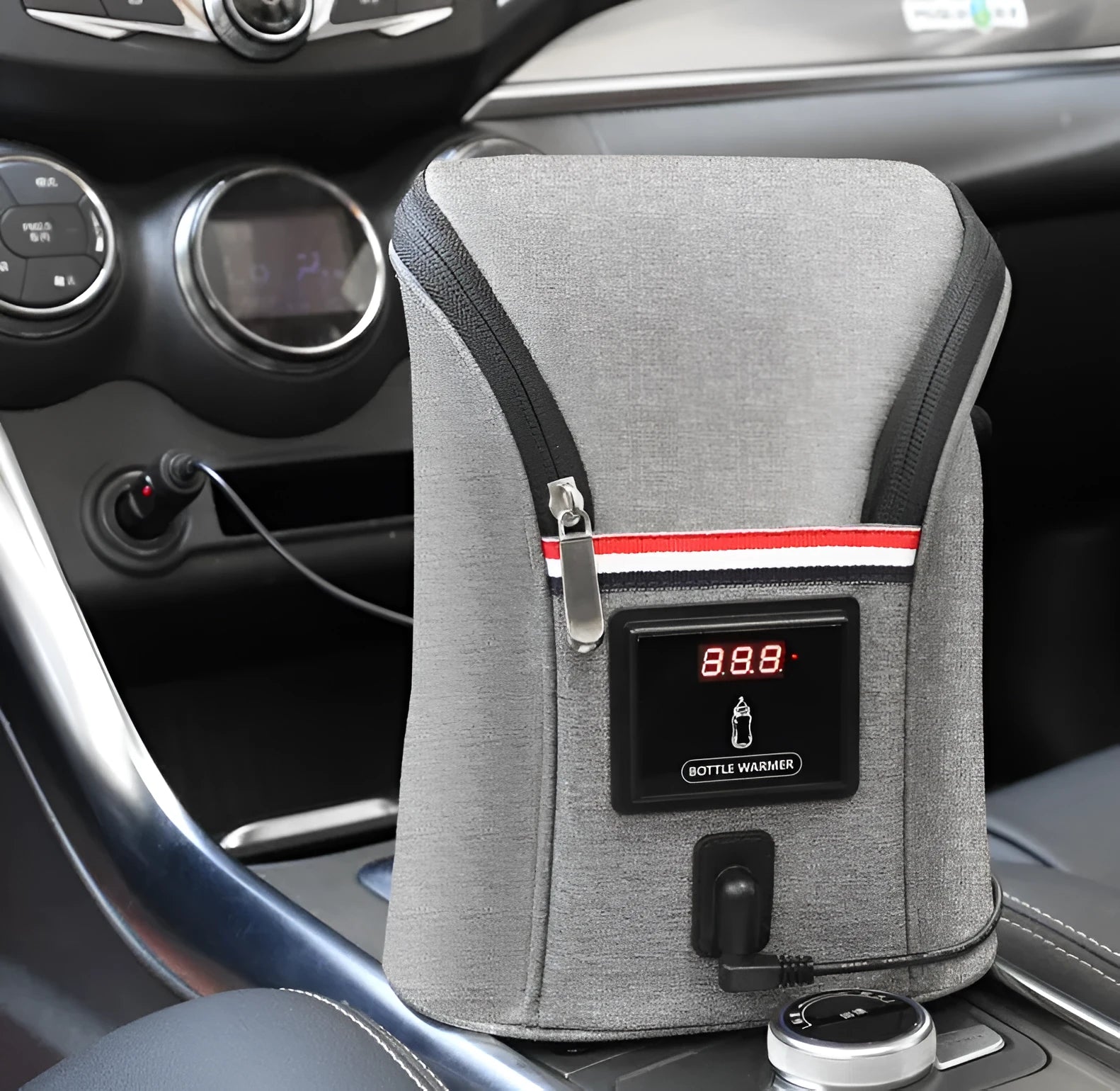 Grey portable baby bottle warmer with digital display for car travel use