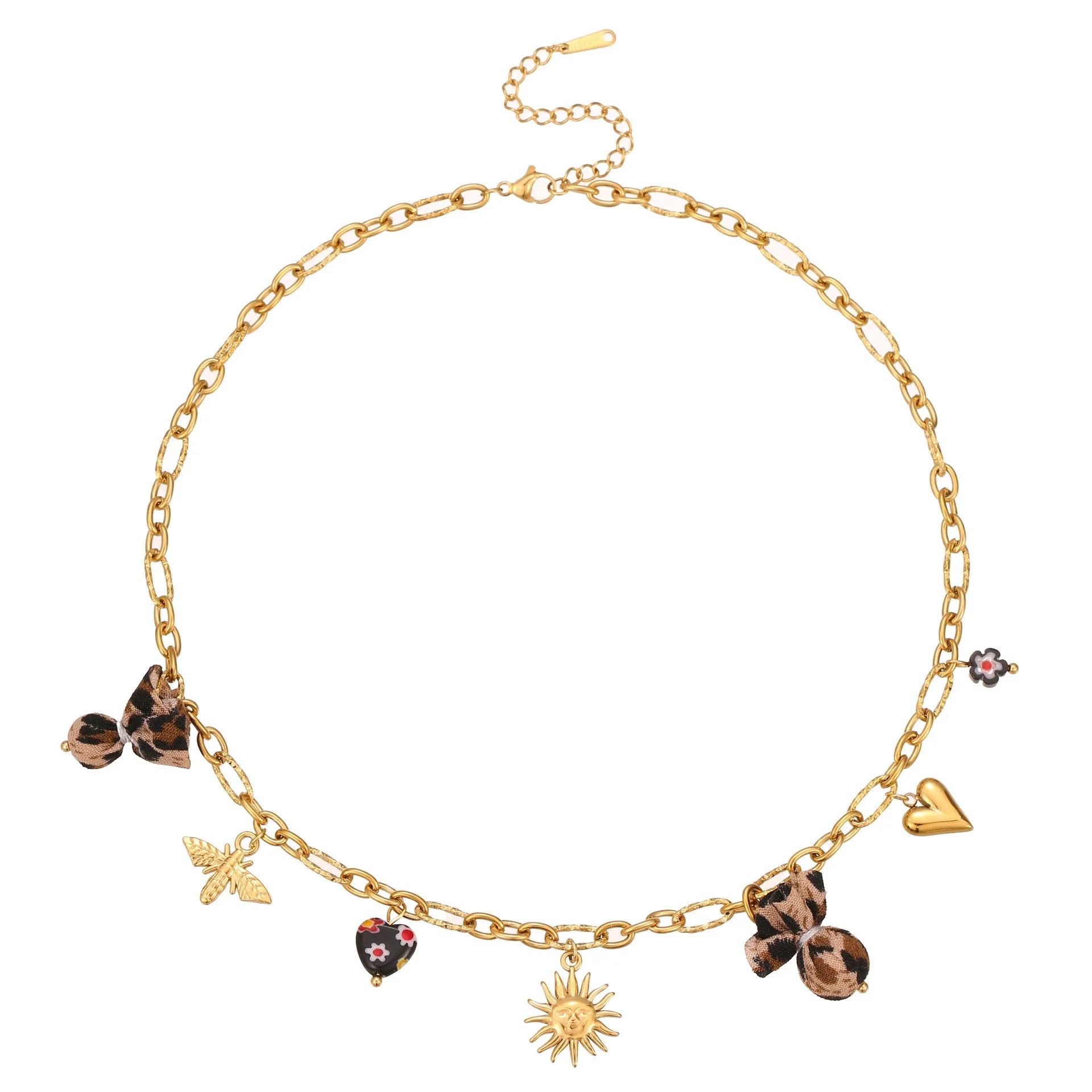 Stainless steel necklace with leopard print heart pendant featuring flower accents on adjustable 41-50cm chain