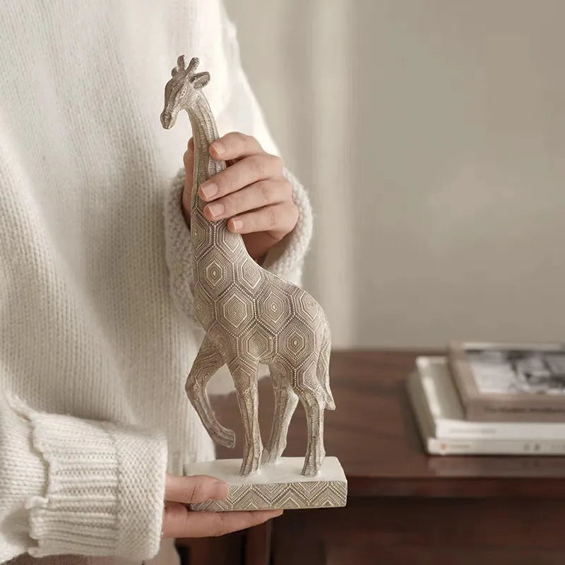 Wood colour synthetic resin giraffe decorative figurine with European style design measuring 30.5cm tall