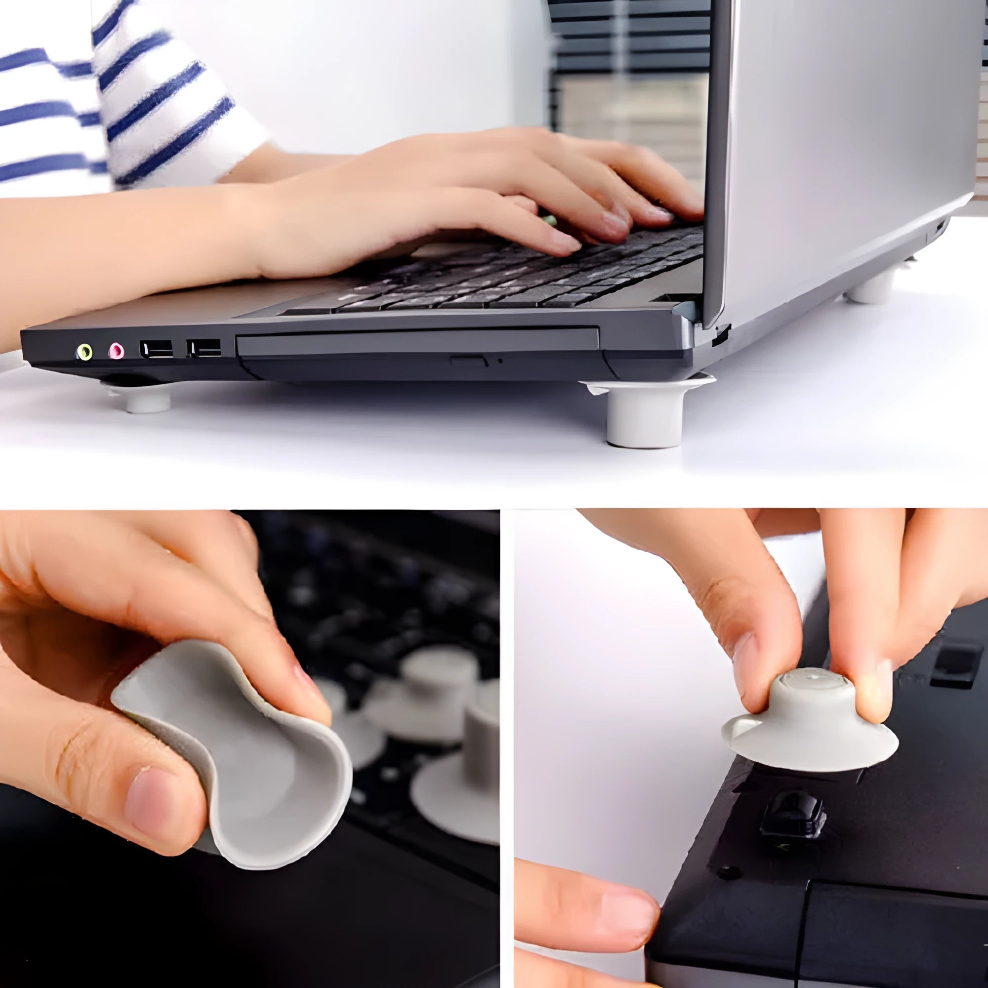 Four grey plastic laptop cooling pads: two large and two small, on a flat surface.