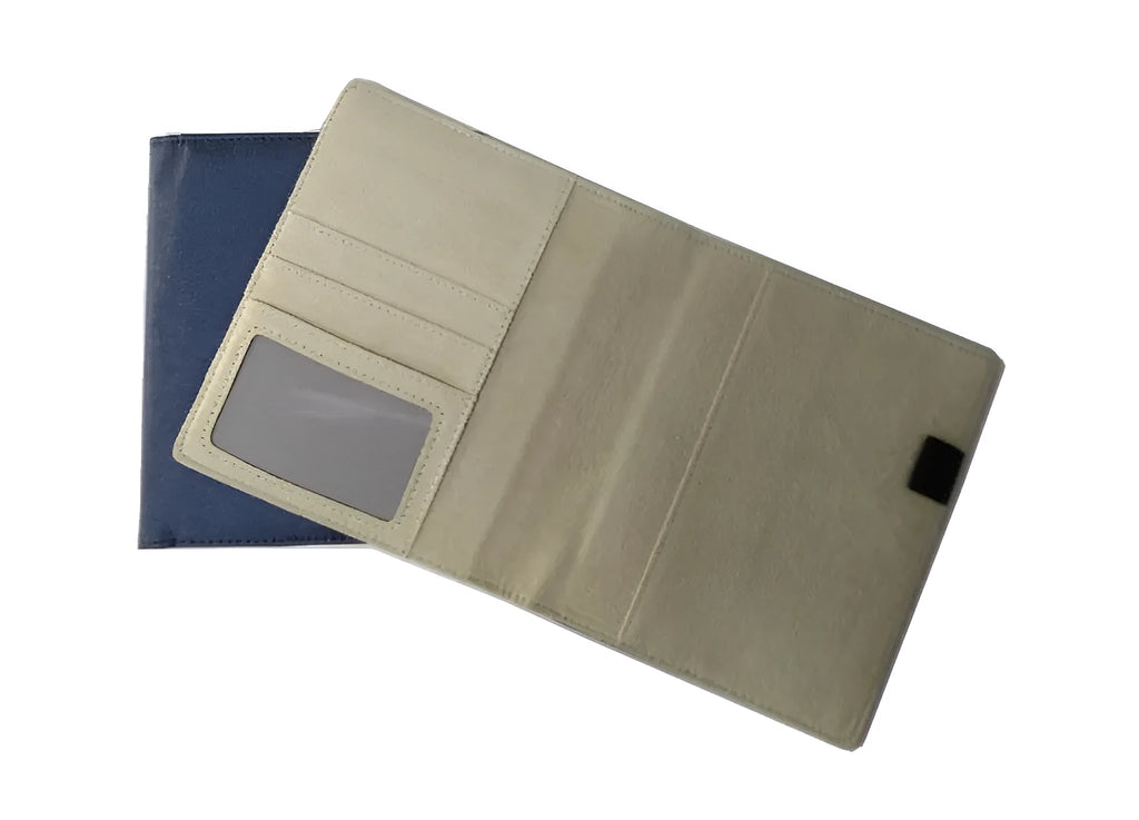Blue imitation leather PU notebook shell cover for A5 notebooks, dimensions 18.5 by 15.5 cm.