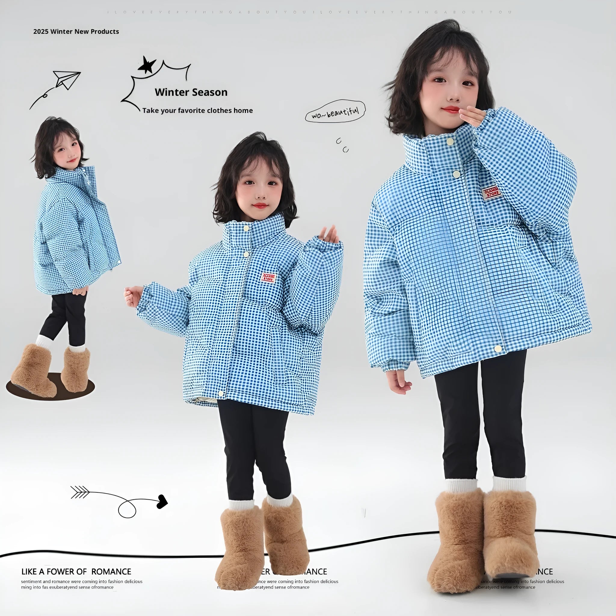 Blue solid pattern hooded cotton coat jacket with zipper closure on child suitable for heights 120-170cm