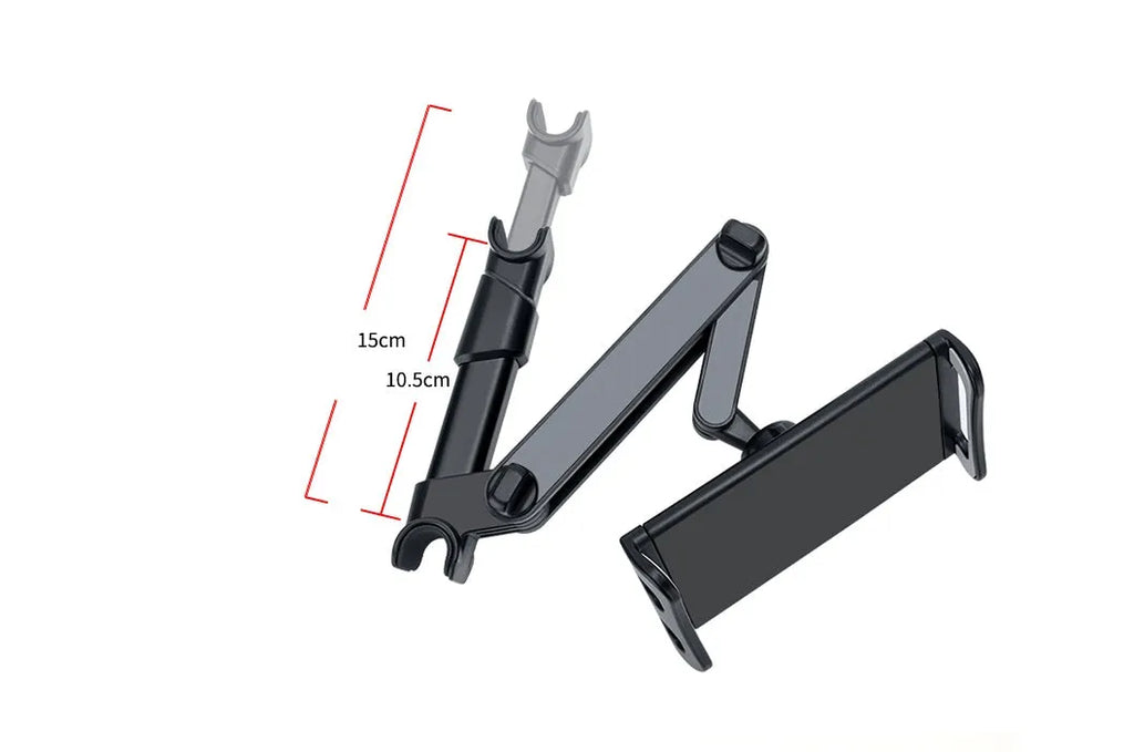 Black plastic car phone holder with universal tablet compatibility mounted on vehicle rear seat