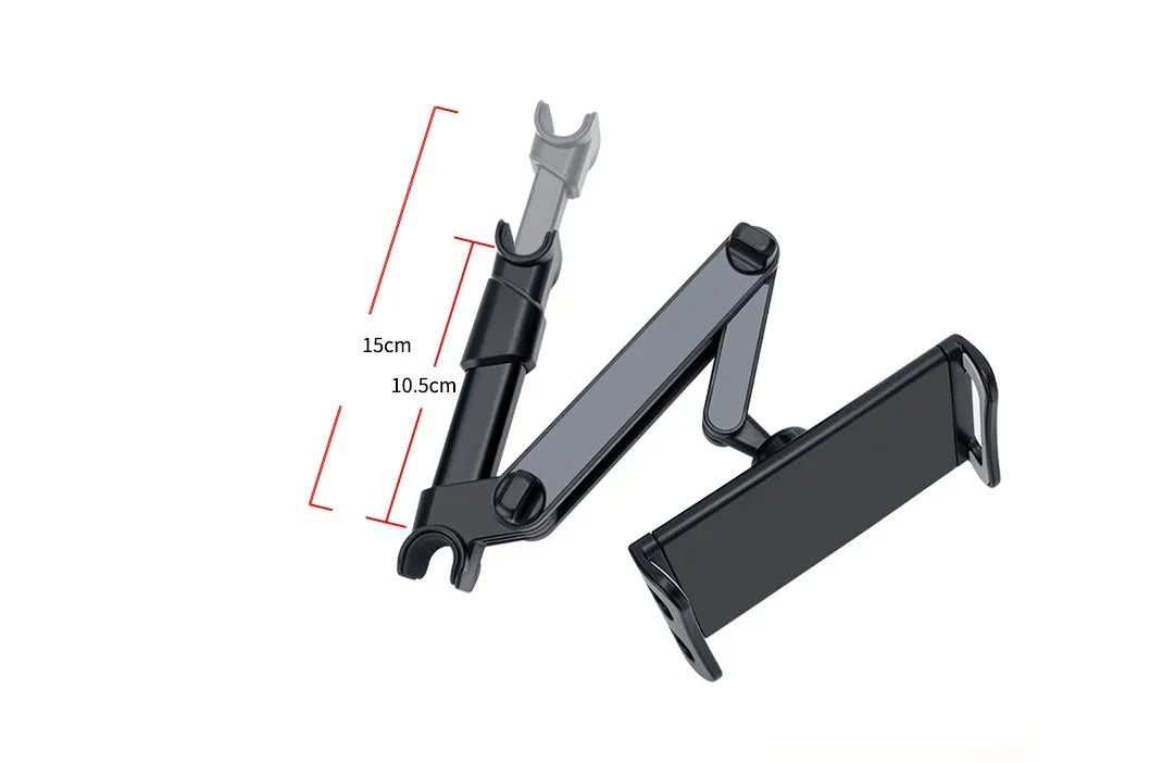 Black plastic car phone holder with universal tablet compatibility mounted on vehicle rear seat