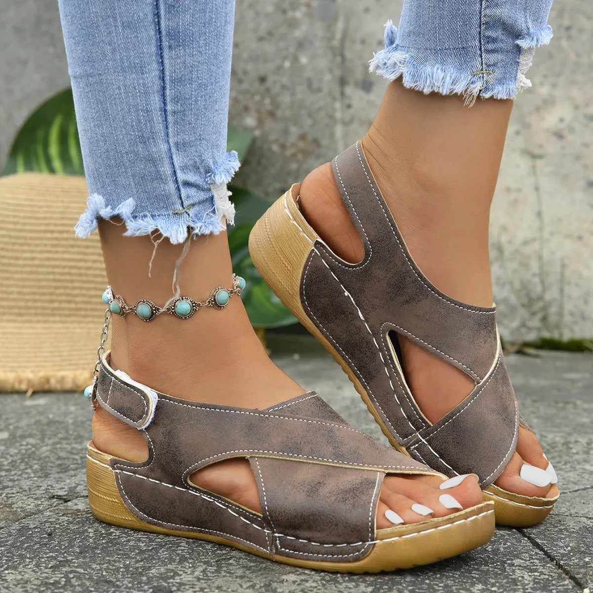 Roman platform sandals with skirt detail and adjustable Velcro strap in earthy colour options