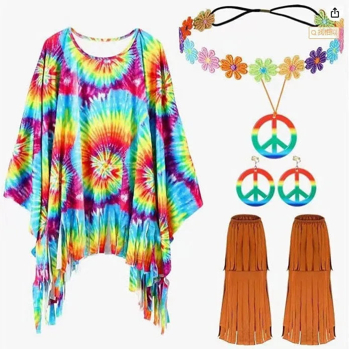 Colourful tie dye cloak costume with bell sleeves in free size spandex for Halloween parties