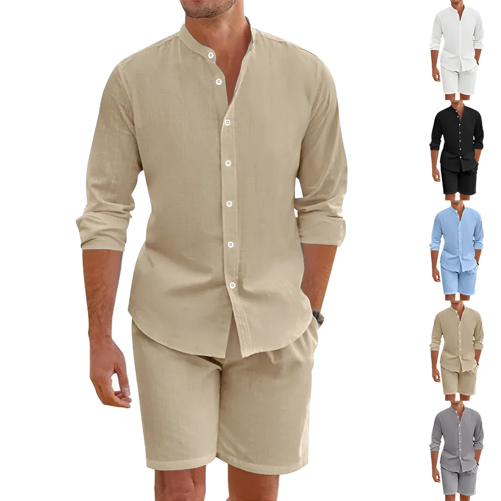Men's linen-blend casual suit with short-sleeve button shirt and drawstring shorts.