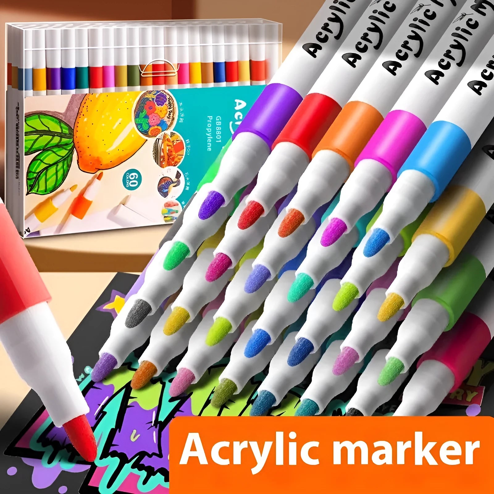 Box of multicoloured acrylic marker pens for student art and painting projects.