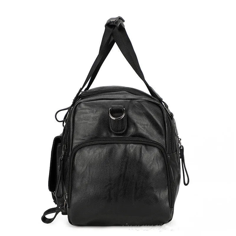 Large black travel bag with shoe compartment, made from waterproof PU material.