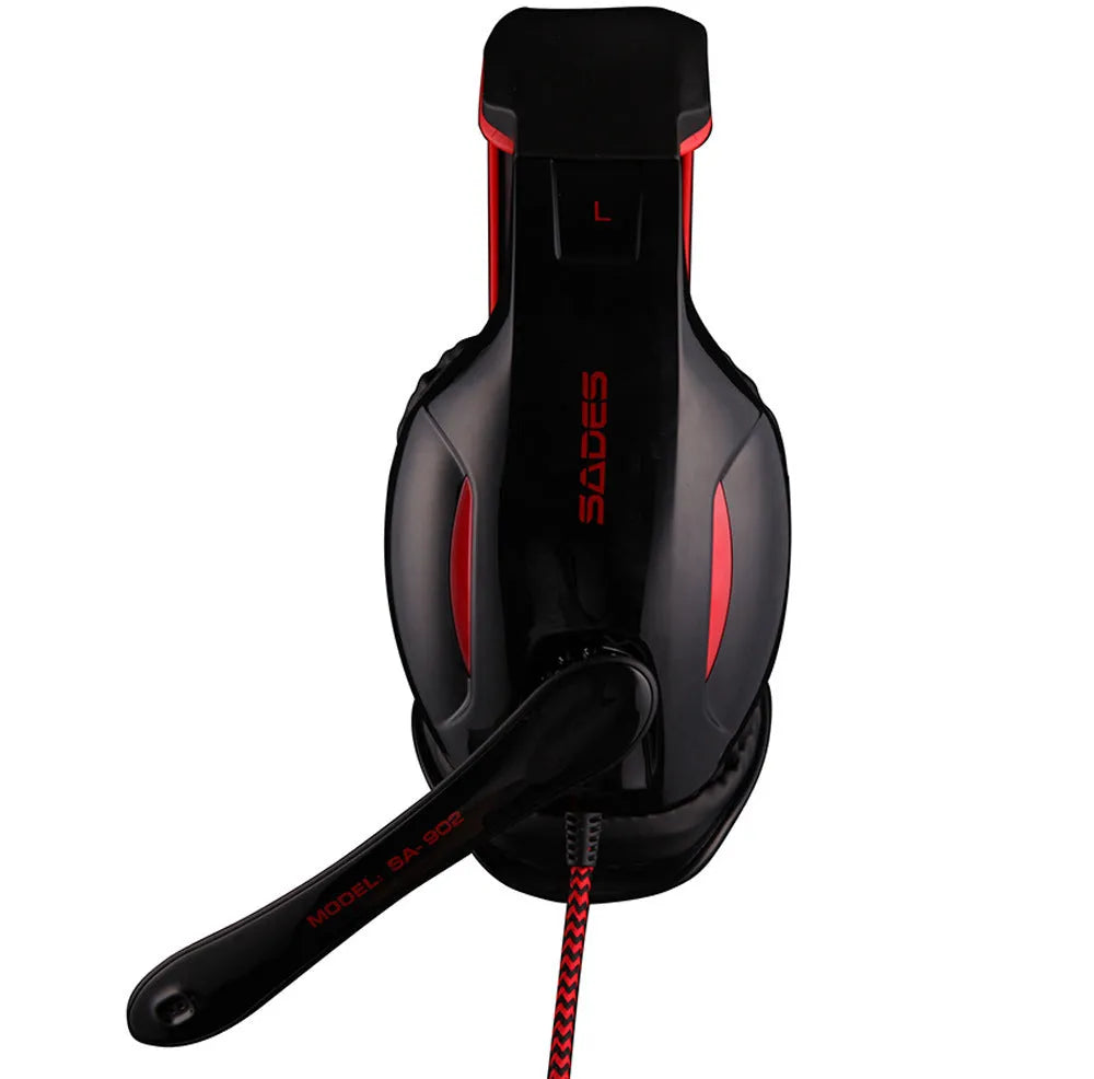 Black SADES SA902 USB gaming headset with over-ear design and LED lighting on ear cups