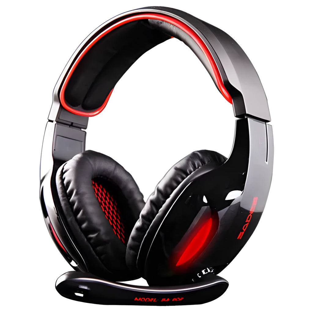 Black SADES SA902 USB gaming headset with over-ear design and LED lighting on ear cups