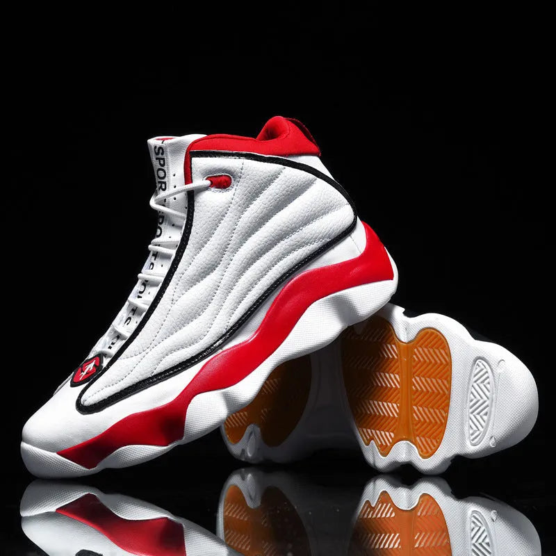 Men's high-top basketball sneakers in AJ13 colour options with mesh upper and rubber sole.