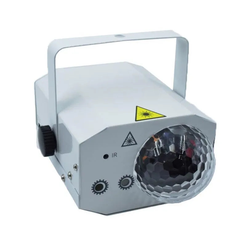 Black or white LED laser magic fan projector measuring 190x130x90mm with dual laser sources