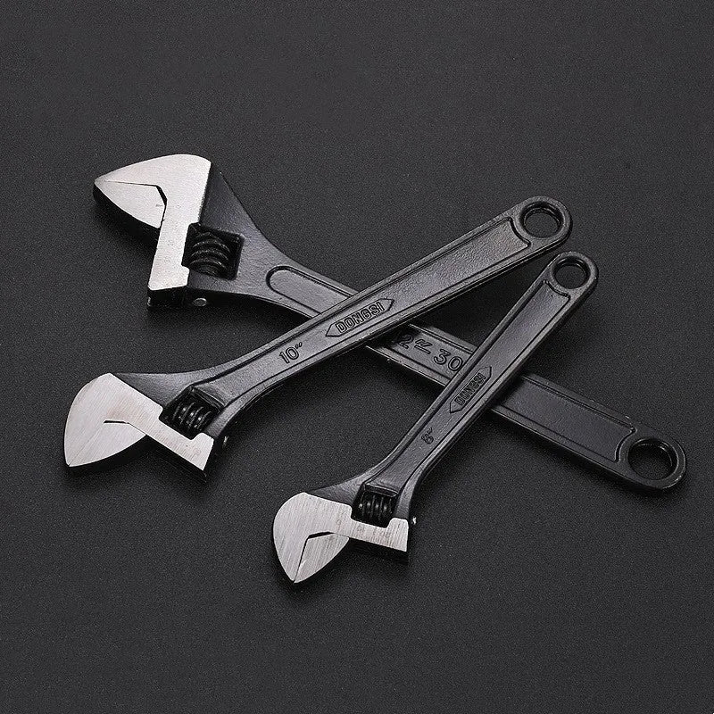 High carbon steel adjustable open-end wrench with black oxidation finish and ergonomic handle