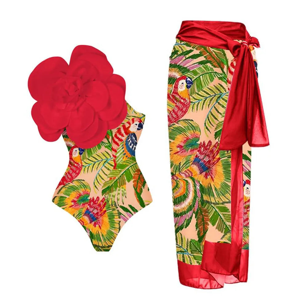 Women's one-piece swimsuit with three-dimensional floral pattern in black and blue colour options.