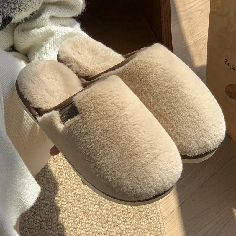 PVC plush winter slippers in solid colours with non-slip soles for indoor wear