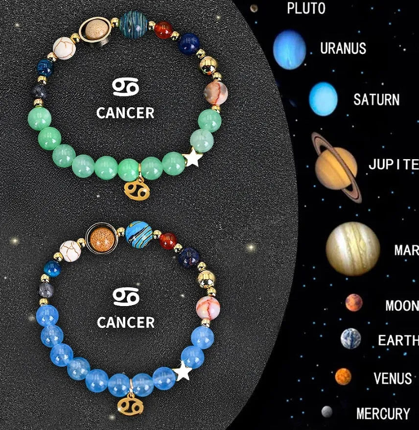 Natural stone beaded zodiac bracelets on elastic cord showing astrological symbols for twelve star signs
