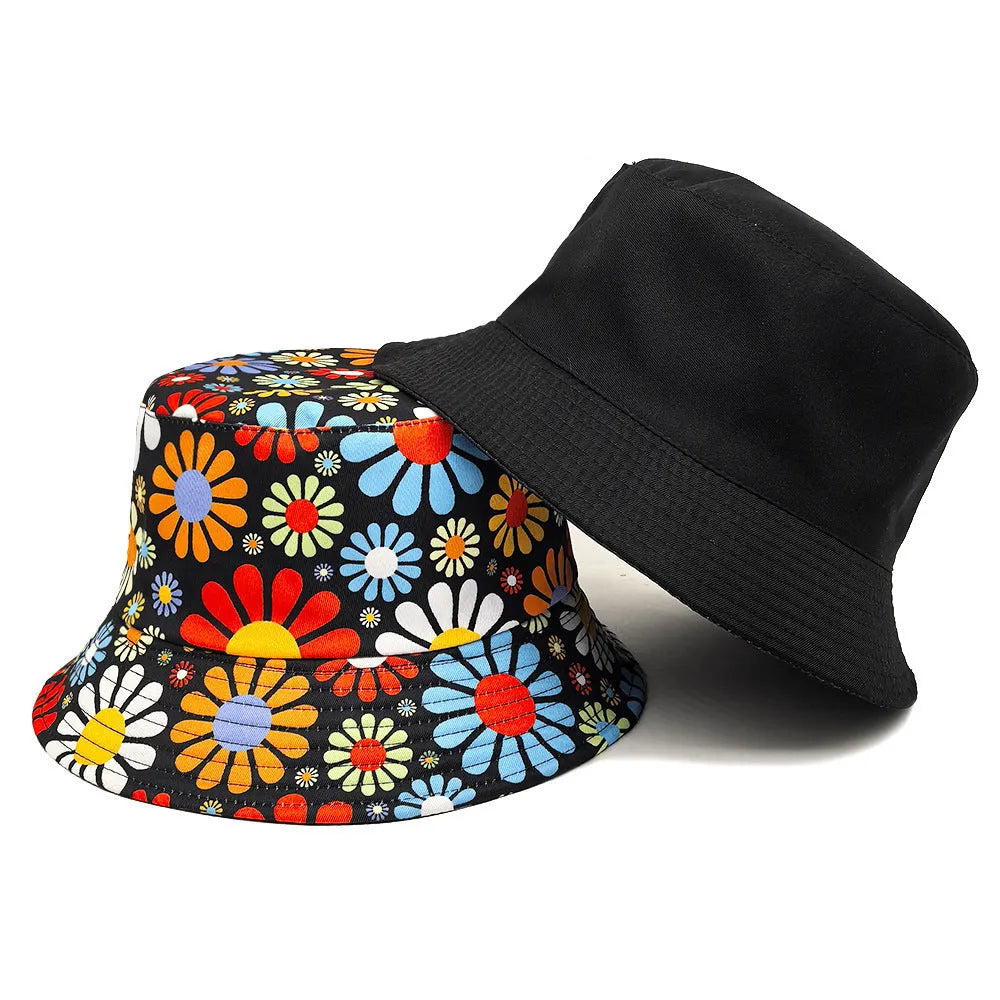 Colourful flower pattern polyester bucket hat with dome crown in size M
