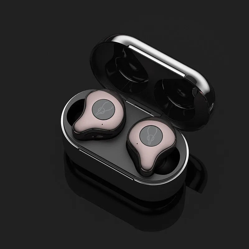 Wireless TWS Bluetooth headset in charging case with colour options including Coffee, Grey, and Purple