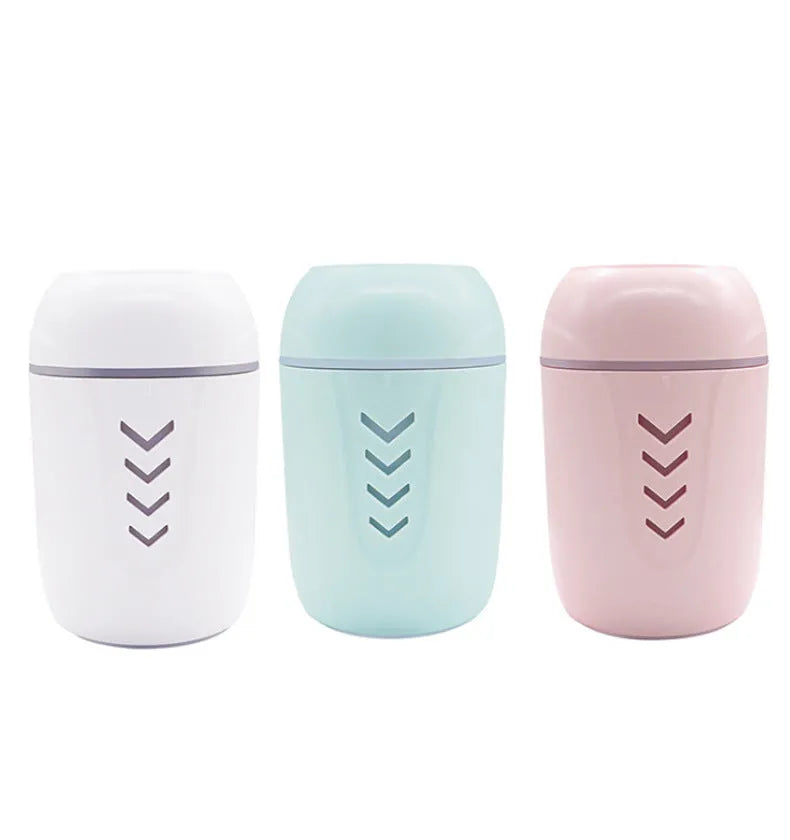 X3 portable car humidifier with columnar shape in blue, showing USB cable and 200ml water tank capacity.