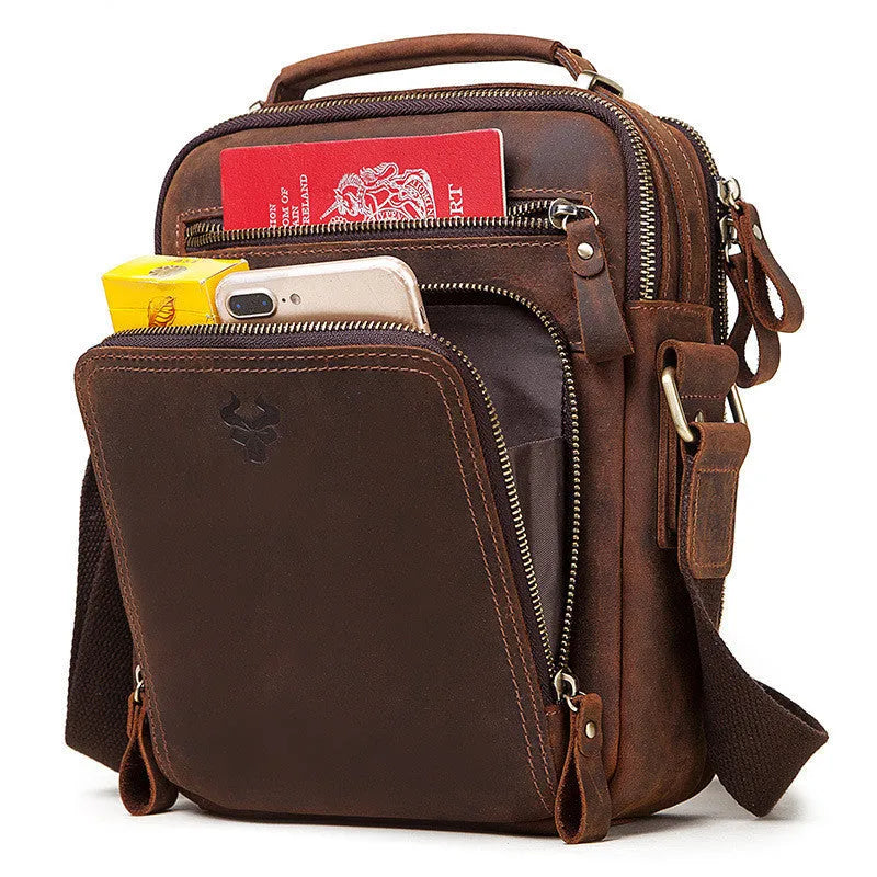 Men's brown genuine leather retro style crossbody bag with sewing line detail.
