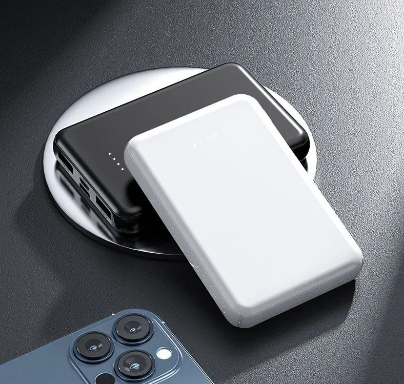Black and white electric heating vest power bank showing compact 97mm by 64mm size.