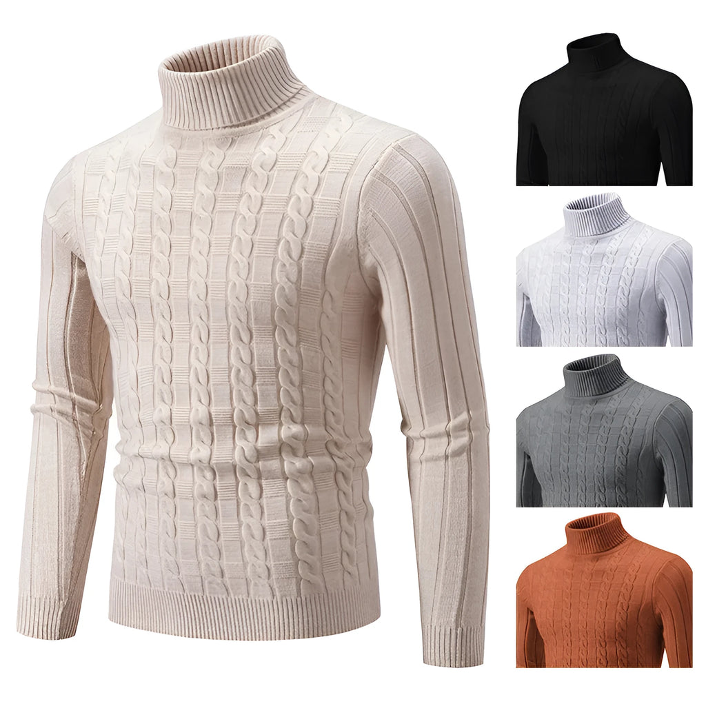 Men's slim fit chenille turtleneck pullover sweater in milky white colour