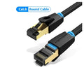 CAT8 Ethernet patch cable with RJ45 connectors, shown in flat and round styles in various lengths.